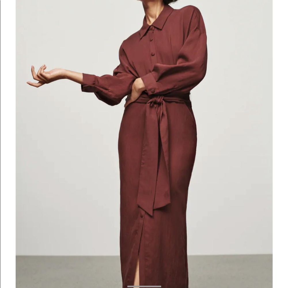 Zara Long-Sleeve Tie-Waist Shirt Dress in Burgundy